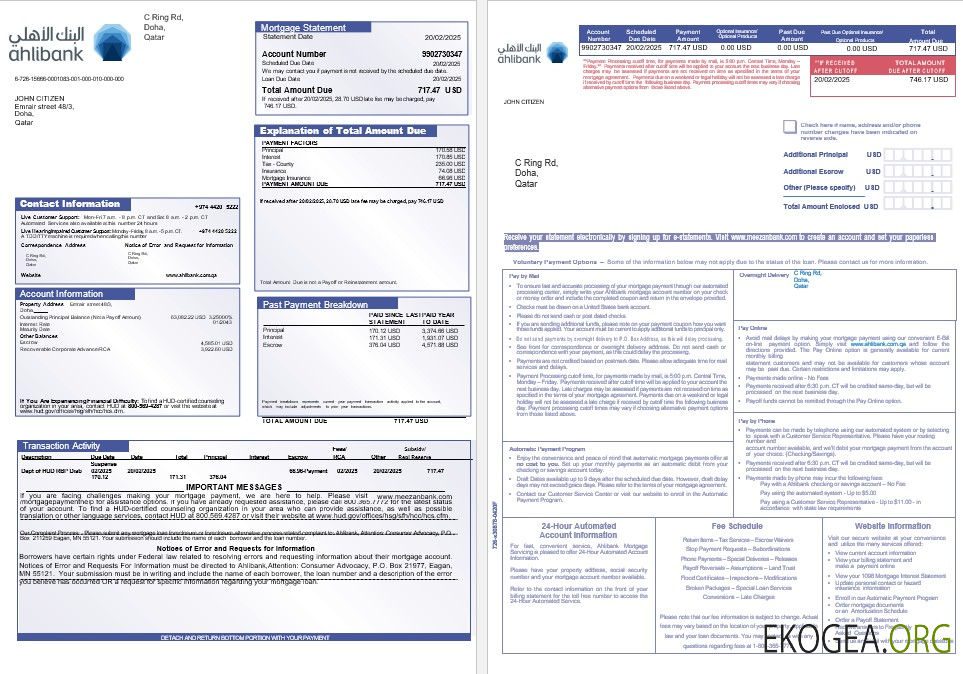 Relevé hypothécaire Qatar Ahlibank aux formats Word et PDF 1 , 2
